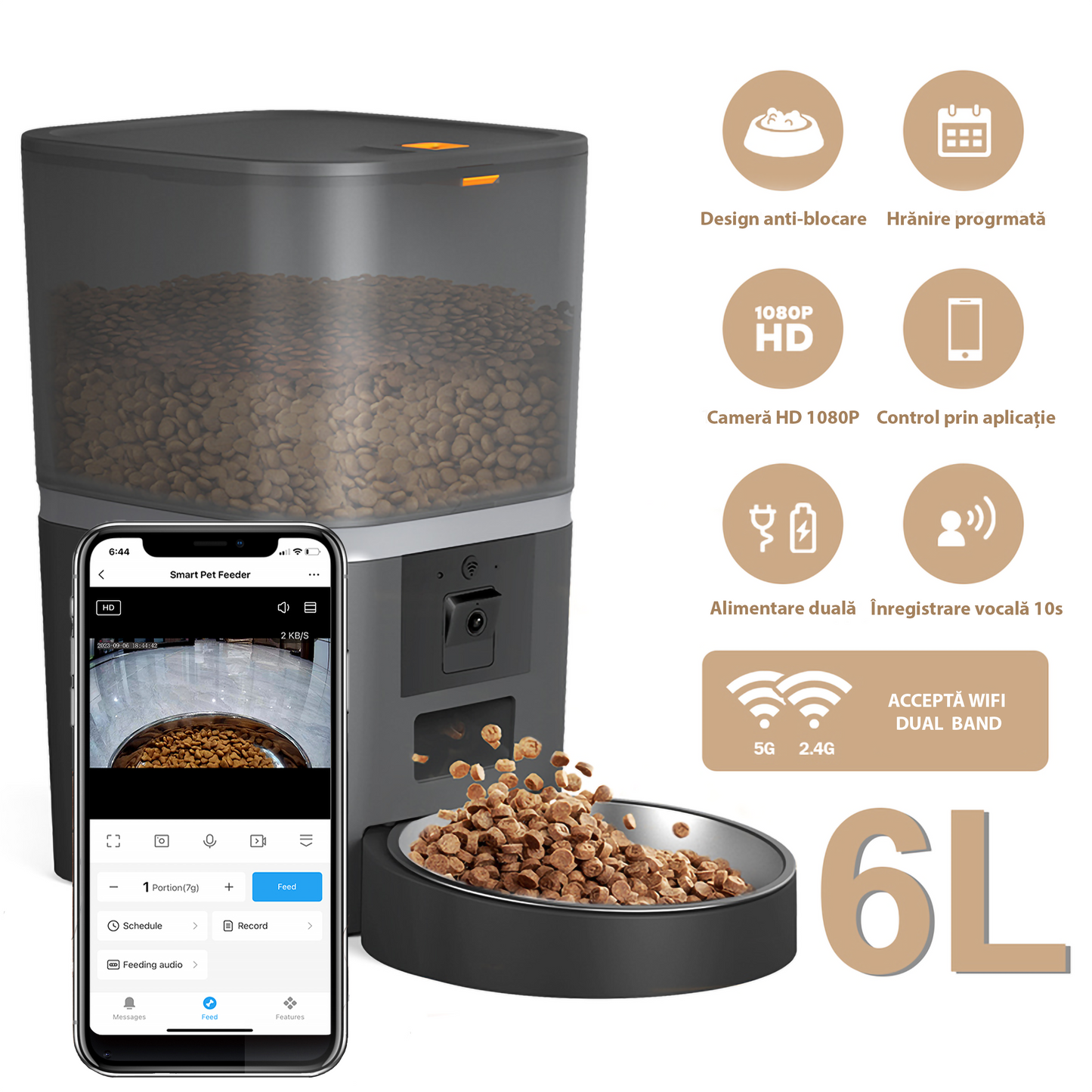 Hranitor automat pentru caini si pisici, WIFI, aplicatie telefon, camera video full HD, recipient otel inoxidabil